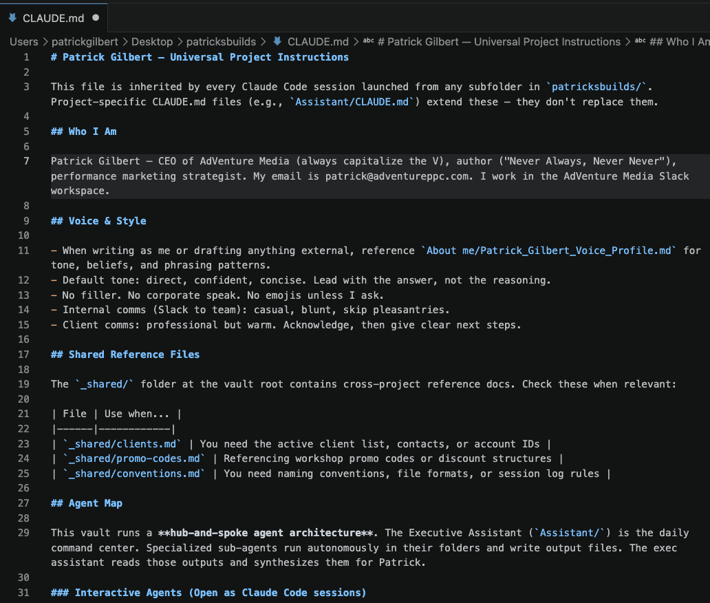 Patrick Gilbert's actual CLAUDE.md file showing identity, voice rules, agent map, plugin profiles, and universal rules